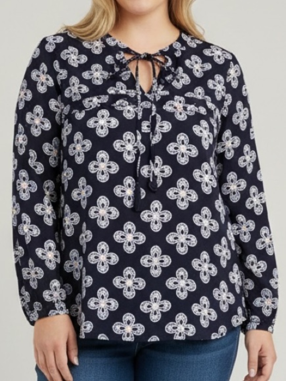 crown & ivy Navy Floral Tie-Front Blouse